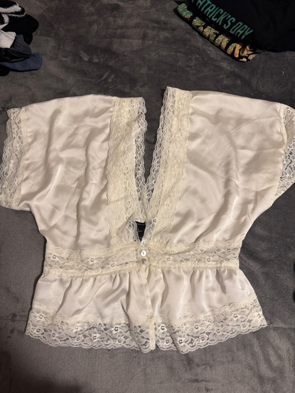 Forever 21 Ivory Lace-Trim Satin Blouse